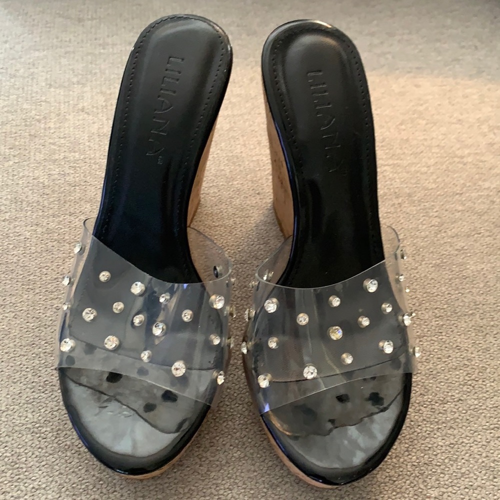 Liliana 5 inch cork wedges Lucite rhinestones